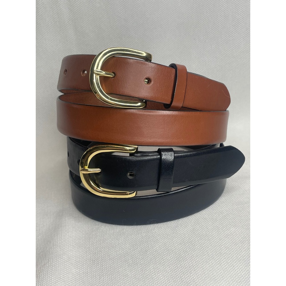 (2) J. Crew Italian Leather Belts Lot Size Small (31") Brown Black Gold Buckle